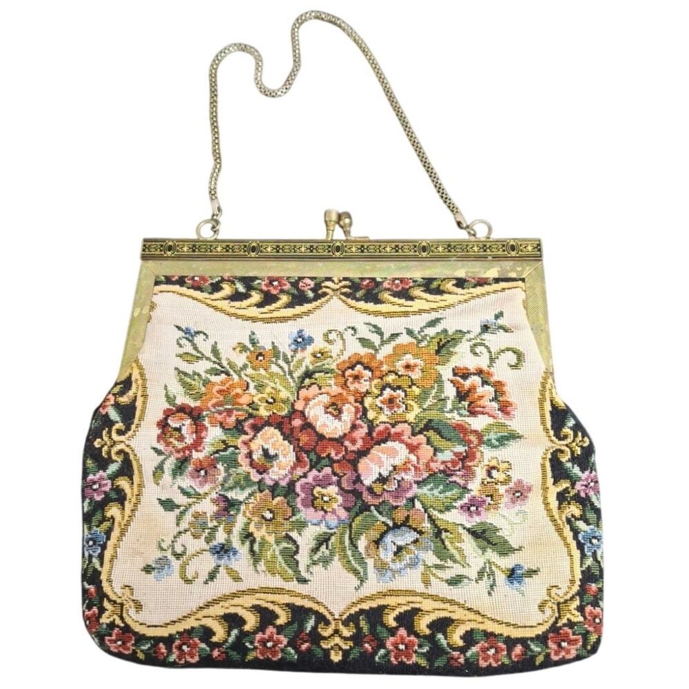 Vintage 1950's Needlepoint Floral Gold Tone Clutch Hand Bag